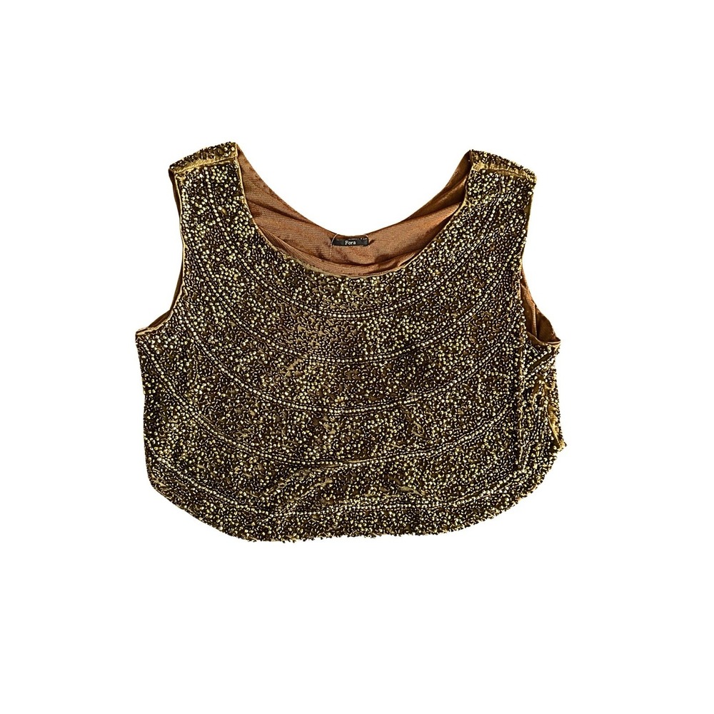 Women's Y2K Sequin Heavy Beaded Mesh Crop Top Gold Scallop Festival Rave M/L